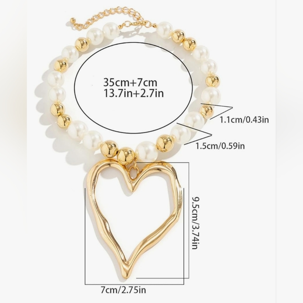 Heart Statement Necklace Faux Pearls Gold Balls - Picture 7 of 14